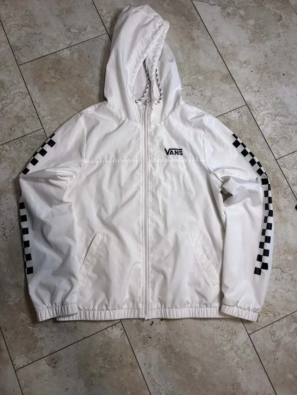 Vans White Hooded Windbreaker Jacket with Checkerboard Sleeve Detail